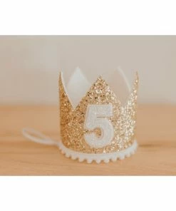 Cutest Little Party Party Time # 5 Gold Glitter + White Pom Trim + White Glitter Crown