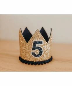Cutest Little Party # 5 Gold Glitter + Black Pom Trim + Black Glitter Crown