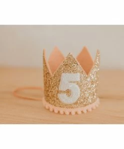 Cutest Little Party # 5 Gold Glitter + Blush Pom Trim + White Glitter Crown Party Time
