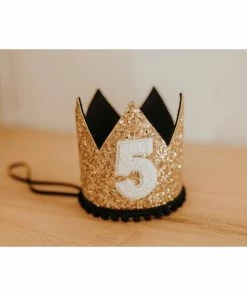 Cutest Little Party Party Time # 5 Gold Glitter + Black Pom Trim + White Glitter Crown