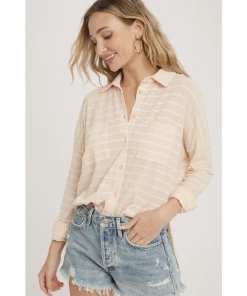 J+j Peach Stripe Burnout Button Up Knit Shirt