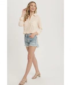 J+j Peach Stripe Burnout Button Up Knit Shirt