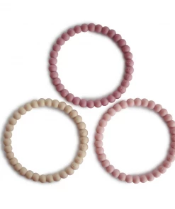 Mushie Toys Linen + Peony + Pale Pink Pearl Teething Bracelet Set