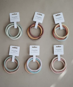 Mushie Toys Linen + Peony + Pale Pink Pearl Teething Bracelet Set