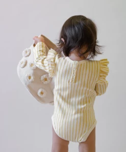 Pehr Marigold Stripe Ruffle Long Sleeve Onesie