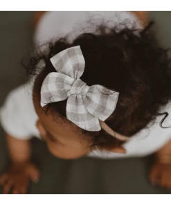 Mae + Skye Headwear Ecru Check Mini Pinwheel Bow Nylon Headband