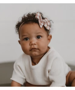 Mae + Skye Toffee Check Mini Pinwheel Bow Nylon Headband Headwear