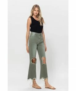J+j Army Green Cropped Flare Jeans Jeans + Pants