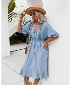 J+j Dresses Light Blue Crochet Detail Puff Sleeve Dress