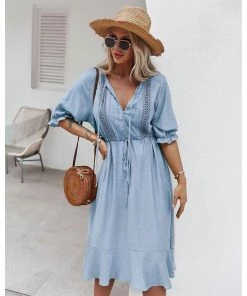 J+j Dresses Light Blue Crochet Detail Puff Sleeve Dress