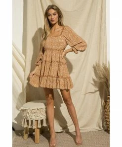 J+j Camel Side Cut Out Leopard Print Dress Dresses