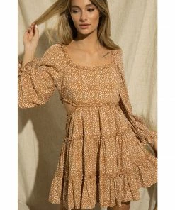 J+j Camel Side Cut Out Leopard Print Dress Dresses