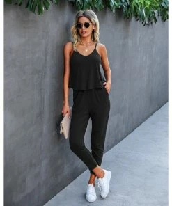 J+j Sets Black Solid Cami + Pants Set