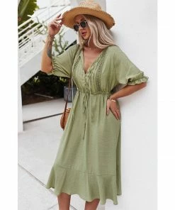 J+j Dresses Green Crochet Detail Puff Sleeve Dress