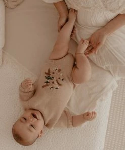 Kute Cuddles Floral Embroidered Taupe Knit Romper Knits