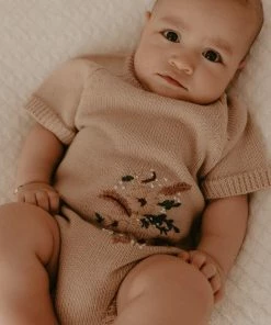Kute Cuddles Floral Embroidered Taupe Knit Romper Knits
