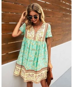J+j Green Floral Boho Dress Dresses