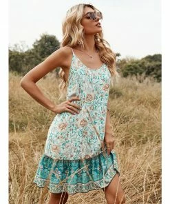 J+j Green Ruffle Hem Boho Dress
