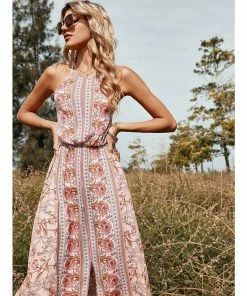 J+j Dresses Pink Floral Halter Neck Backless Dress