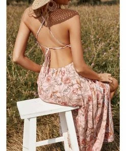 J+j Dresses Pink Floral Halter Neck Backless Dress