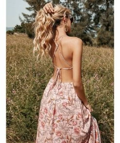 J+j Dresses Pink Floral Halter Neck Backless Dress