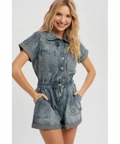 J+j Vintage Blue Denim Button Romper