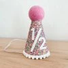 Cutest Little Party Party Hats # 1/2 Mosaic Glitter + White Pom Trim/hot Pink + White Felt Party Hat