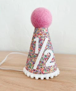 Cutest Little Party Party Hats # 1/2 Mosaic Glitter + White Pom Trim/hot Pink + White Felt Party Hat