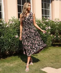 J+j Black Floral Tie Back Dress Dresses
