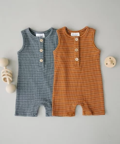 Mebie Baby Rust + White Stripe Ribbed Short Romper