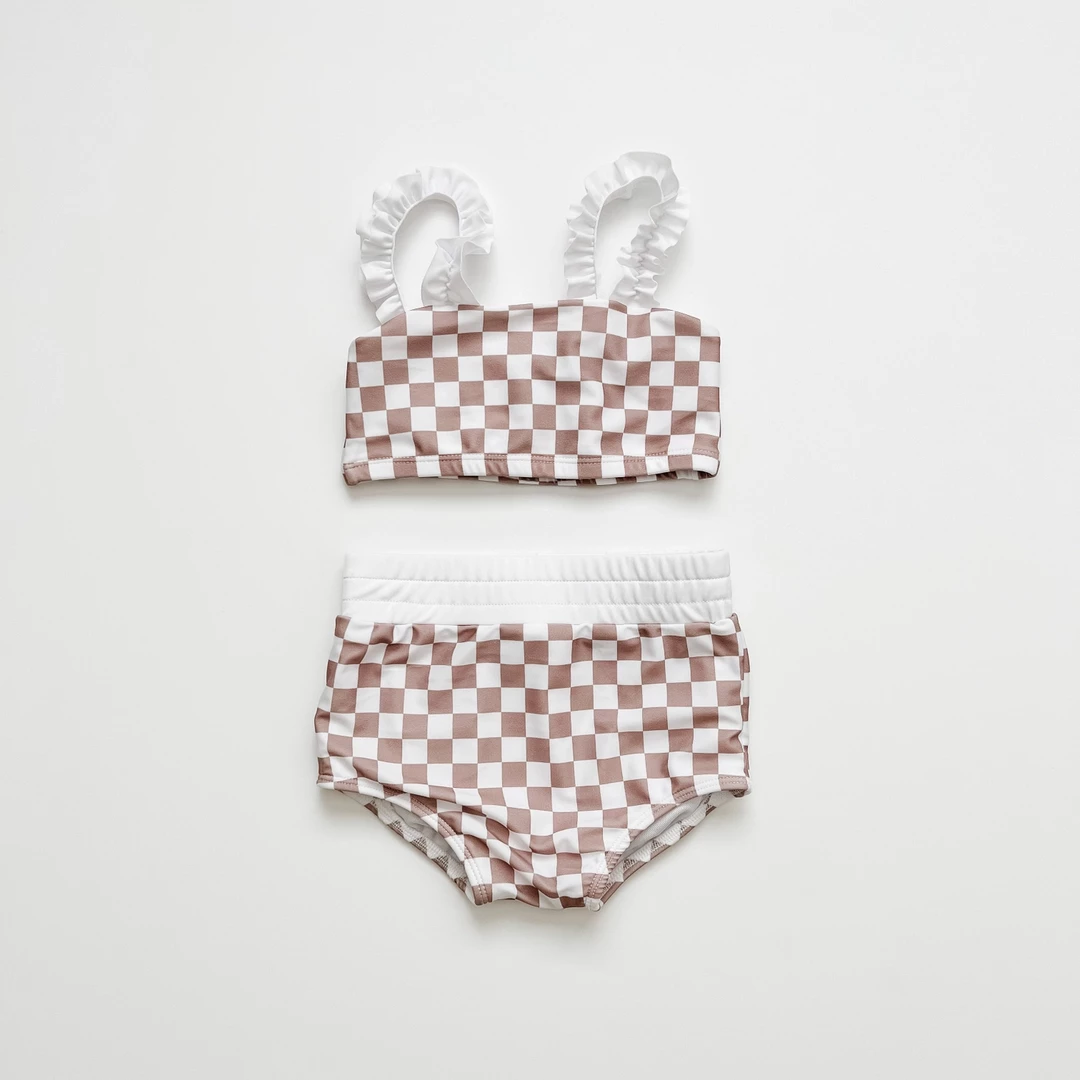 Orcas Lucille Tan Checkered Strap Bandeau Bikini Set 3 Orcas Lucille Tan Checkered Strap Bandeau Bikini Set