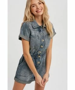J+j Vintage Blue Denim Button Romper