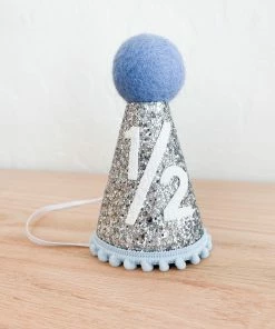 Cutest Little Party Party Time # 1/2 Silver Glitter + Baby Blue Pom Trim + White Felt Party Hat
