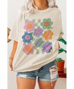 J+j Retro Flower Smiley Checkered Cream Oversized Tee Graphic Tees