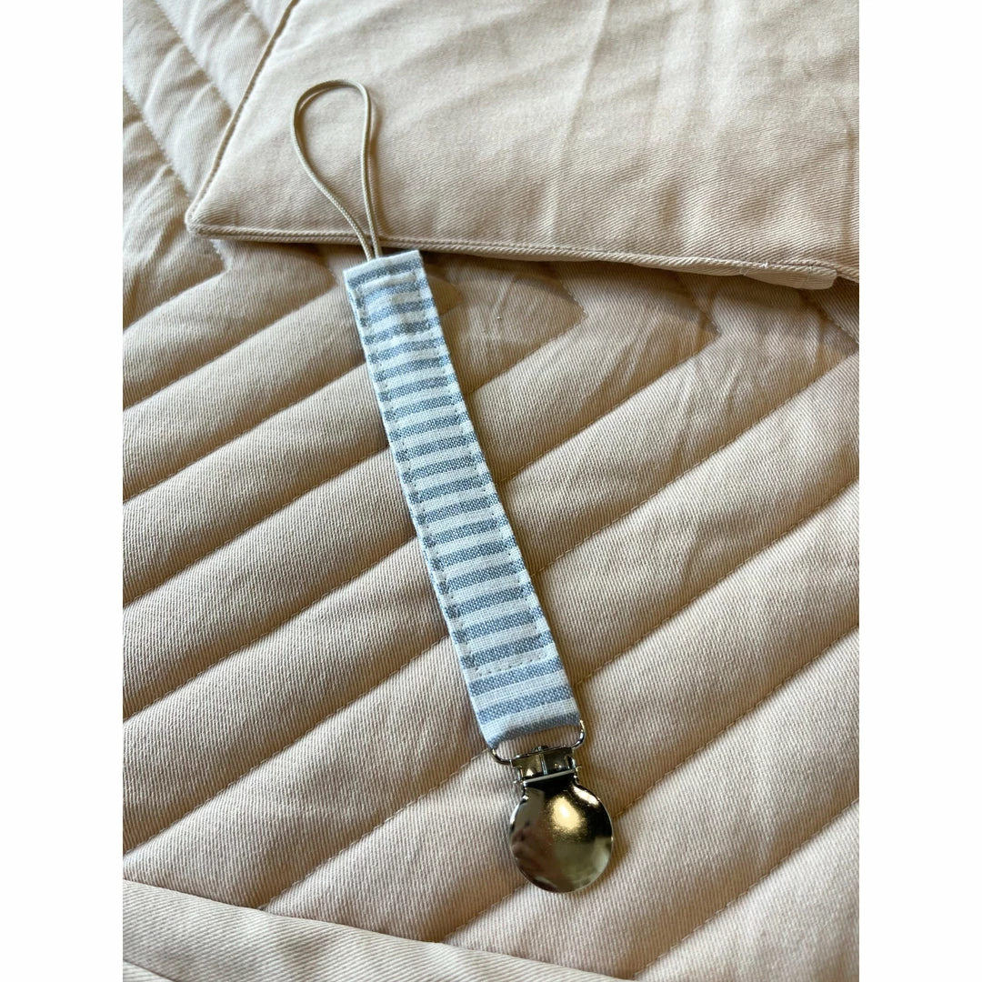 Mae + Skye Blue Linen Stripes Fabric Pacifier Clip 3 Mae + Skye Blue Linen Stripes Fabric Pacifier Clip