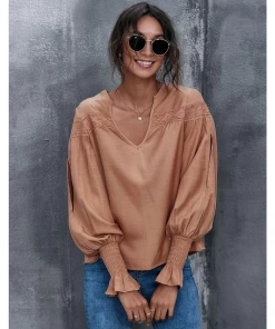 J+j Caramel Lace Textured Cuffed Blouse Tops