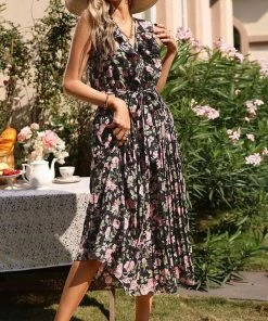 J+j Black Floral Tie Back Dress Dresses