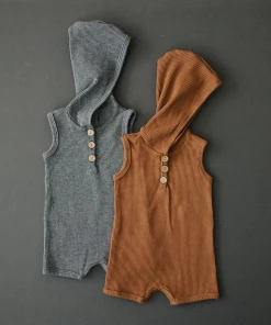 Mebie Baby Charcoal Waffle Hooded Short Romper Overalls + Rompers