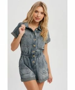 J+j Vintage Blue Denim Button Romper