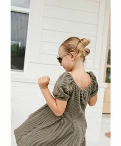 Lia + Lou Olive Green Ribbed Puff Sleeve Dress