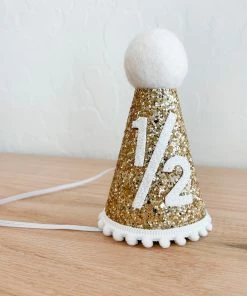 Cutest Little Party Party Time # 1/2 Gold Glitter + White Pom Trim + White Glitter Party Hat