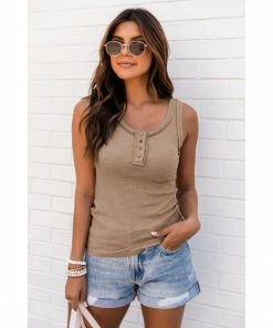 J+j Taupe Scoop Henley Tank Top Tops