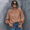 J+j Caramel Lace Textured Cuffed Blouse Tops