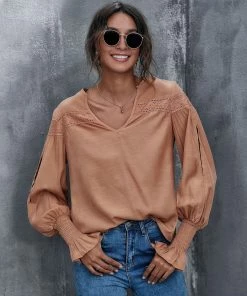 J+j Caramel Lace Textured Cuffed Blouse Tops