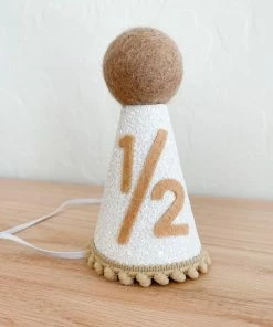 Cutest Little Party # 1/2 White Glitter + Toast Pom Trim/white Lining + Toast Felt Party Hat