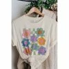 J+j Retro Flower Smiley Checkered Cream Oversized Tee Graphic Tees