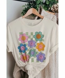 J+j Retro Flower Smiley Checkered Cream Oversized Tee Graphic Tees