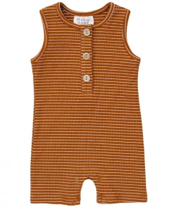 Mebie Baby Rust + White Stripe Ribbed Short Romper