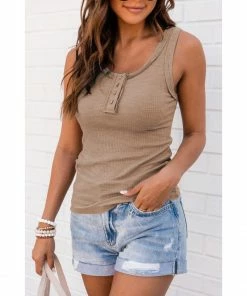 J+j Taupe Scoop Henley Tank Top Tops