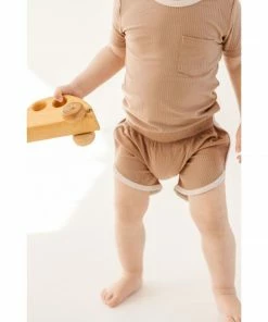 Joss + J Bottoms Taupe + Cream Ribbed Bamboo Track Shorts